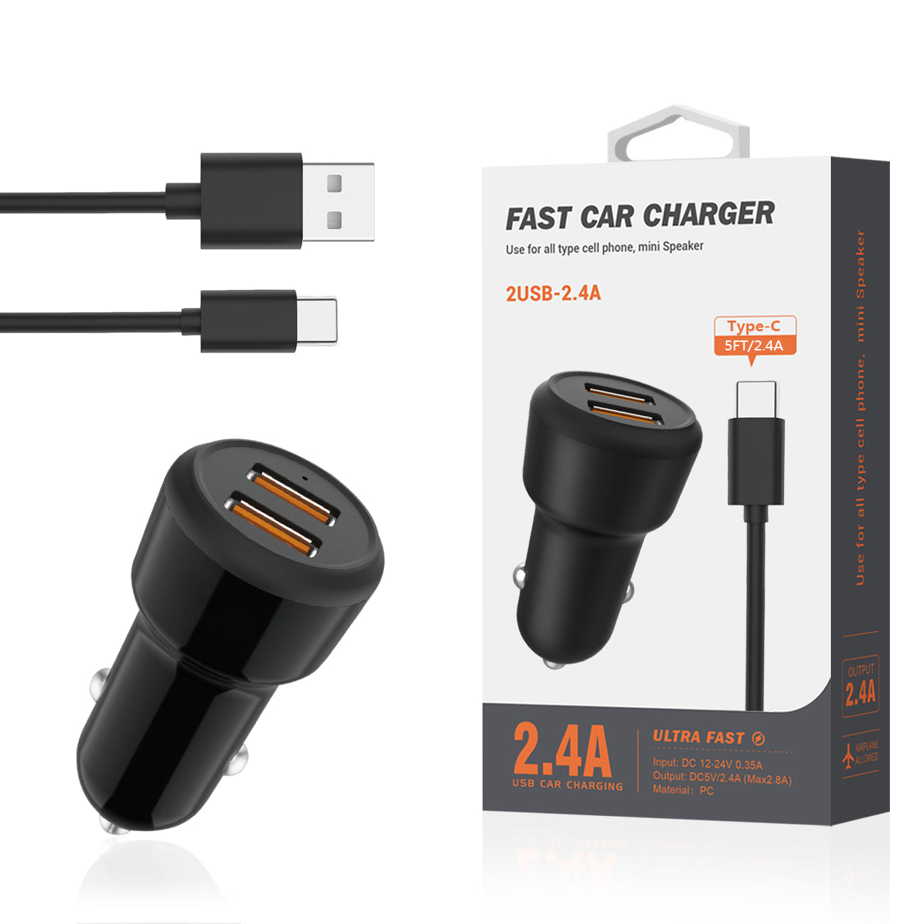 Reiko Typec Portable Car Charger With Built In 3 Ft Cable In Black SKU:CC2IN1-TYPECBK
